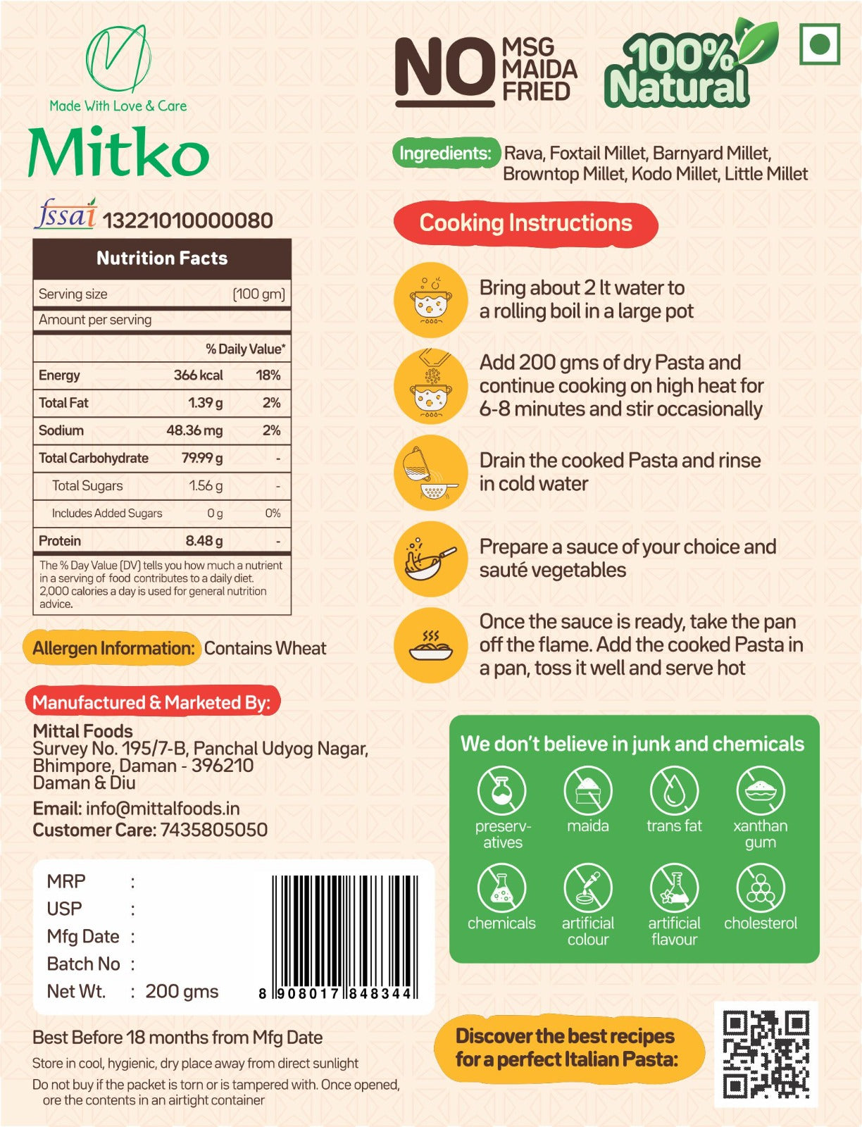 Fusilli Millet Pasta - Ready in 10 Mins - 200 g