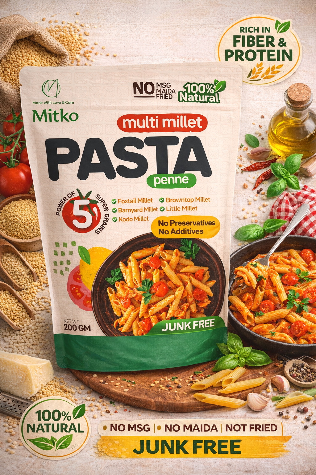 Penne Millet Pasta - Ready in 10 Mins - (Pack of 2 x 200 g)